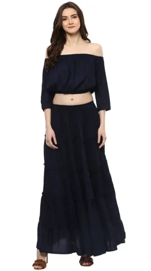 Aawari Rayon Two Piece Prom Dress For Girls and Women Navy Blue-AM083-Navy Blue
