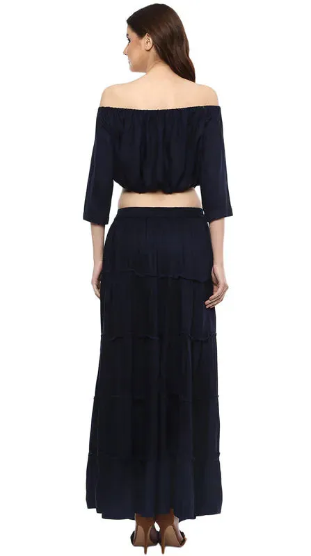 Aawari Rayon Two Piece Prom Dress For Girls and Women Navy Blue-AM083-Navy Blue