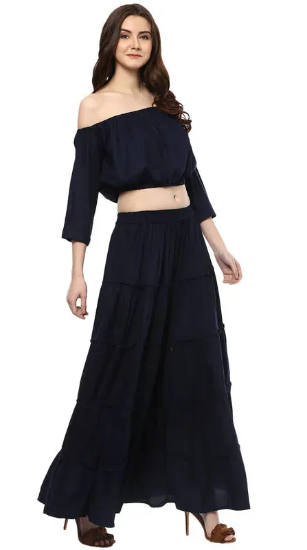 Aawari Rayon Two Piece Prom Dress For Girls and Women Navy Blue-AM083-Navy Blue