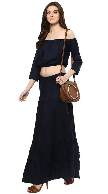 Aawari Rayon Two Piece Prom Dress For Girls and Women Navy Blue-AM083-Navy Blue