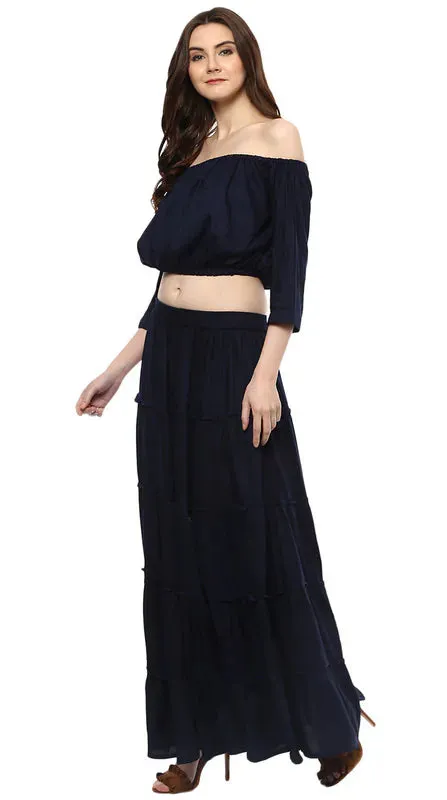 Aawari Rayon Two Piece Prom Dress For Girls and Women Navy Blue-AM083-Navy Blue