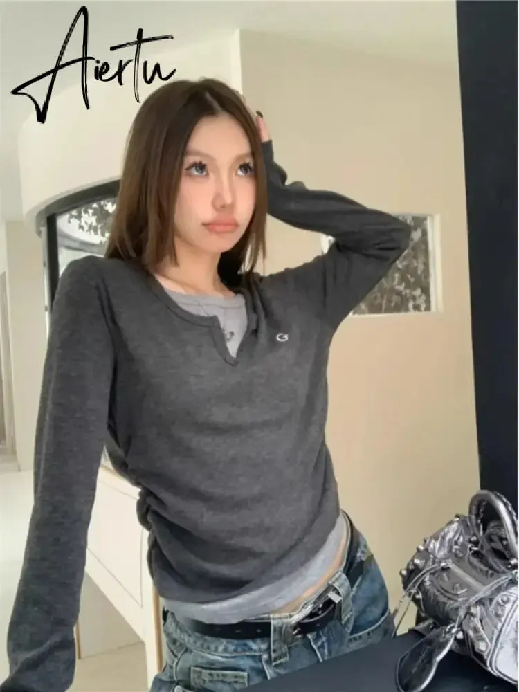 Aiertu Long Sleeve T-shirts Women All-match Stylish Hipster Temperament O-neck High Street Korean Style Harajuku Tops Autumn College