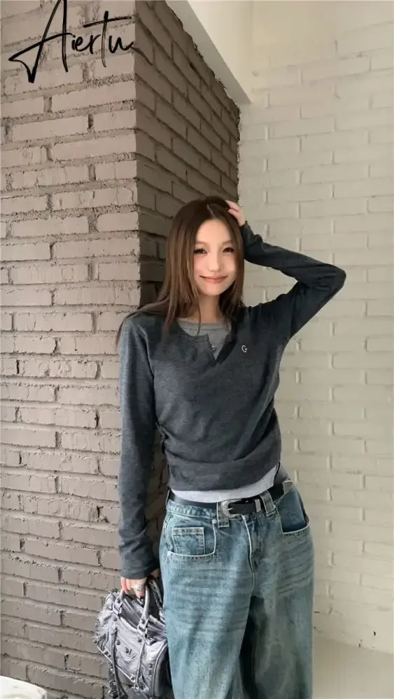 Aiertu Long Sleeve T-shirts Women All-match Stylish Hipster Temperament O-neck High Street Korean Style Harajuku Tops Autumn College