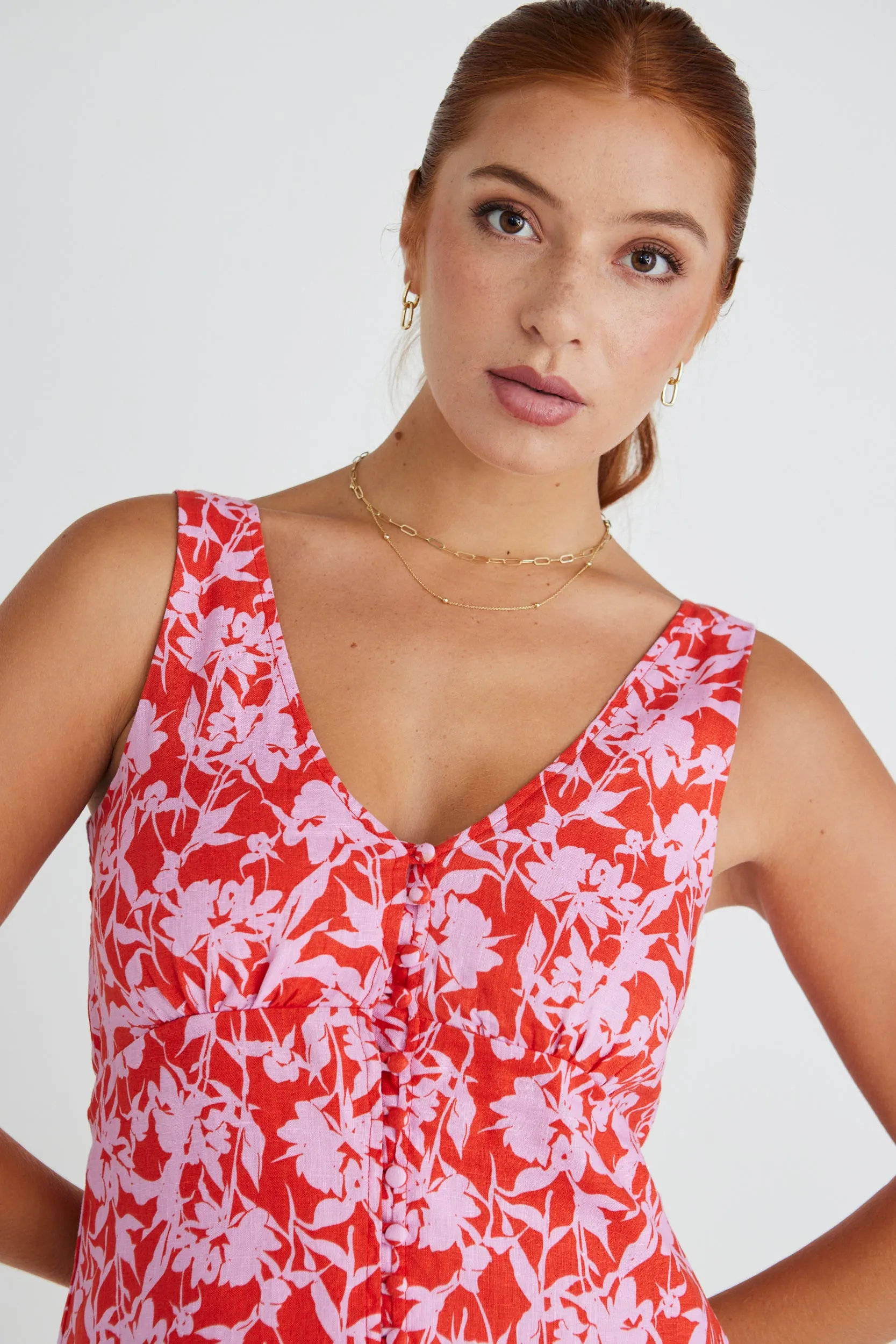 Allora Pink Floral Shadows Linen Sleeveless Button Front Mini Dress