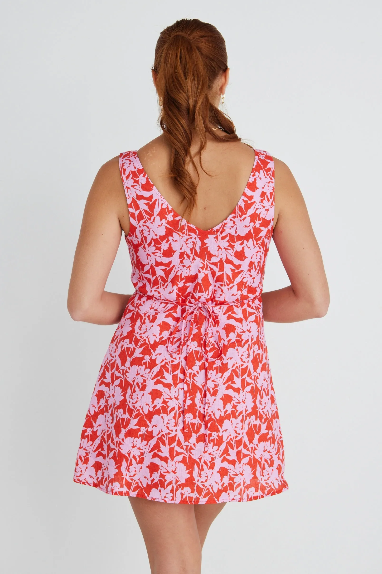 Allora Pink Floral Shadows Linen Sleeveless Button Front Mini Dress