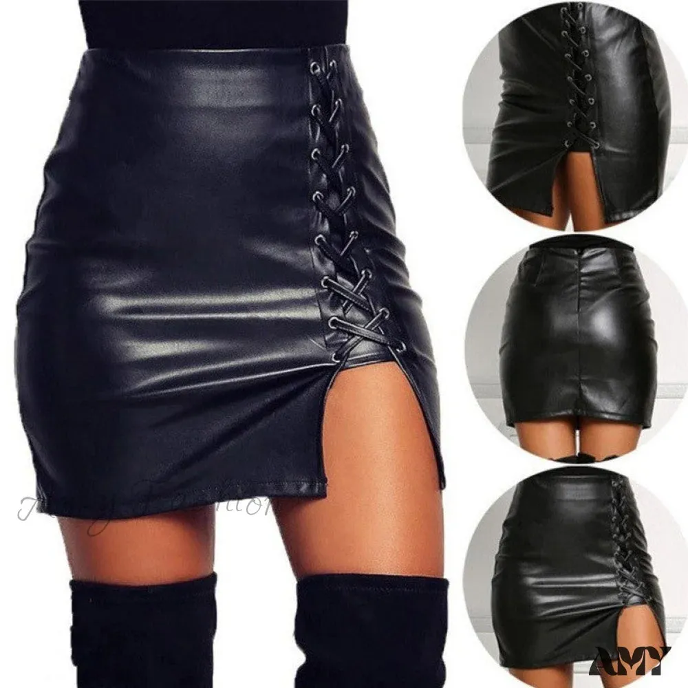 Amy Fashion - Sexy Girls Black PU Leather Mini Skirts