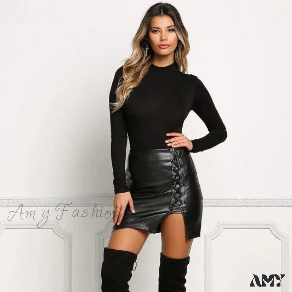 Amy Fashion - Sexy Girls Black PU Leather Mini Skirts