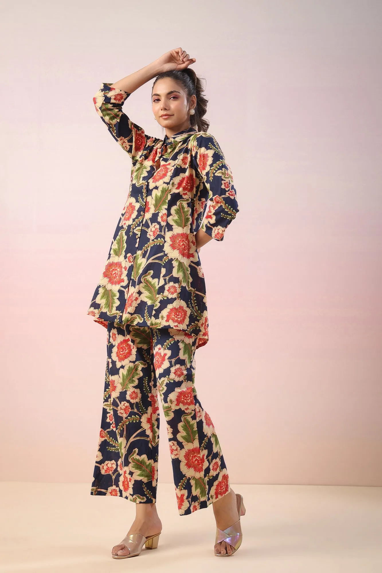 Asian Tapestry Blue Cotton Palazzo Loungewear Set