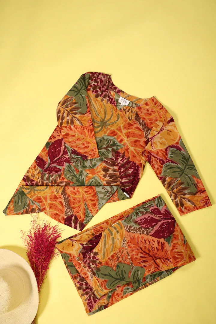 Autumn Leaves on Multicoloured Cotton Palazzo Loungewear Set