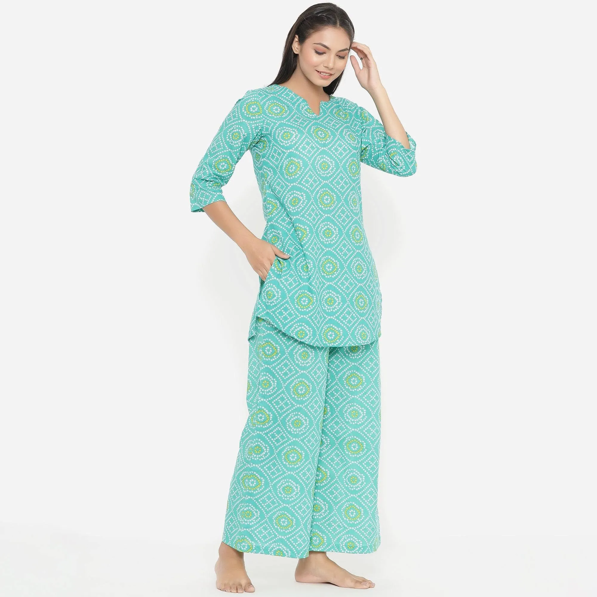 Bandhani On Sea Green Loungewear Top Set