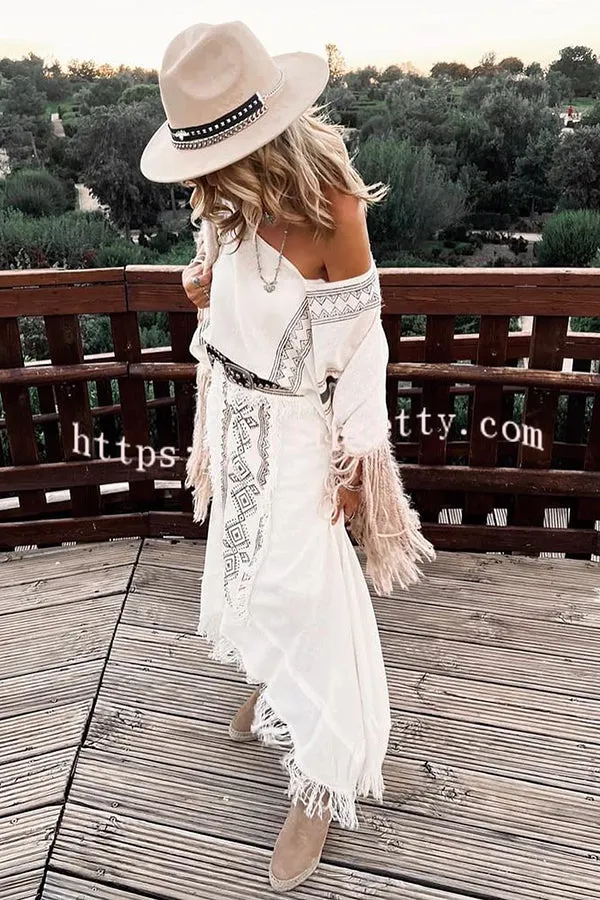 Beach Chic Linen Blend Ethnic Print Patchwork Tassel Elastic Waist A-line Skirt