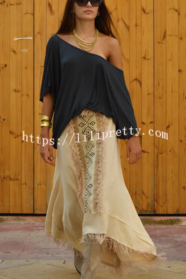 Beach Chic Linen Blend Ethnic Print Patchwork Tassel Elastic Waist A-line Skirt