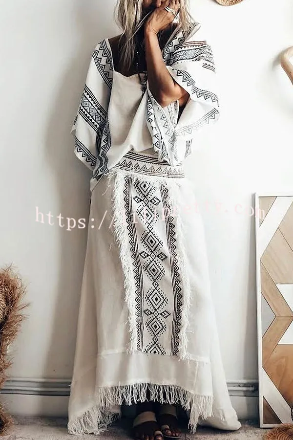 Beach Chic Linen Blend Ethnic Print Patchwork Tassel Elastic Waist A-line Skirt