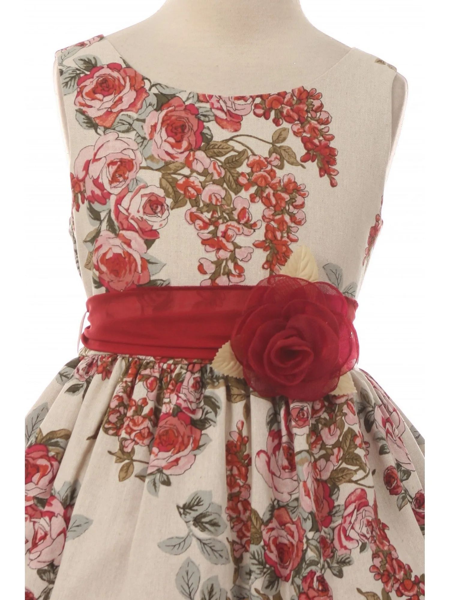 Big Girls Champagne Flower Print Linen Elegant Easter Dress 8-14