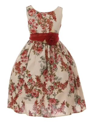 Big Girls Champagne Flower Print Linen Elegant Easter Dress 8-14