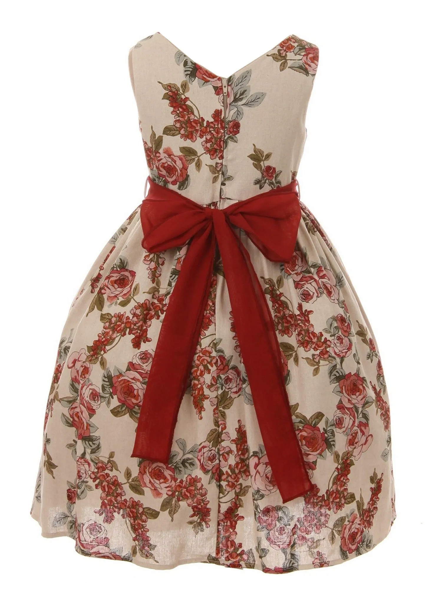 Big Girls Champagne Flower Print Linen Elegant Easter Dress 8-14