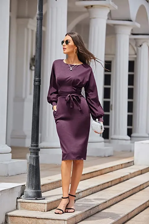 Black Short Sleeve Women's Bodycon Pencil Dress Office Wear to Work Dresses with Pocket Belt - JASAMBAC