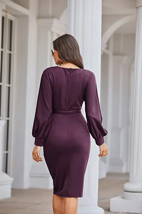 Black Short Sleeve Women's Bodycon Pencil Dress Office Wear to Work Dresses with Pocket Belt - JASAMBAC