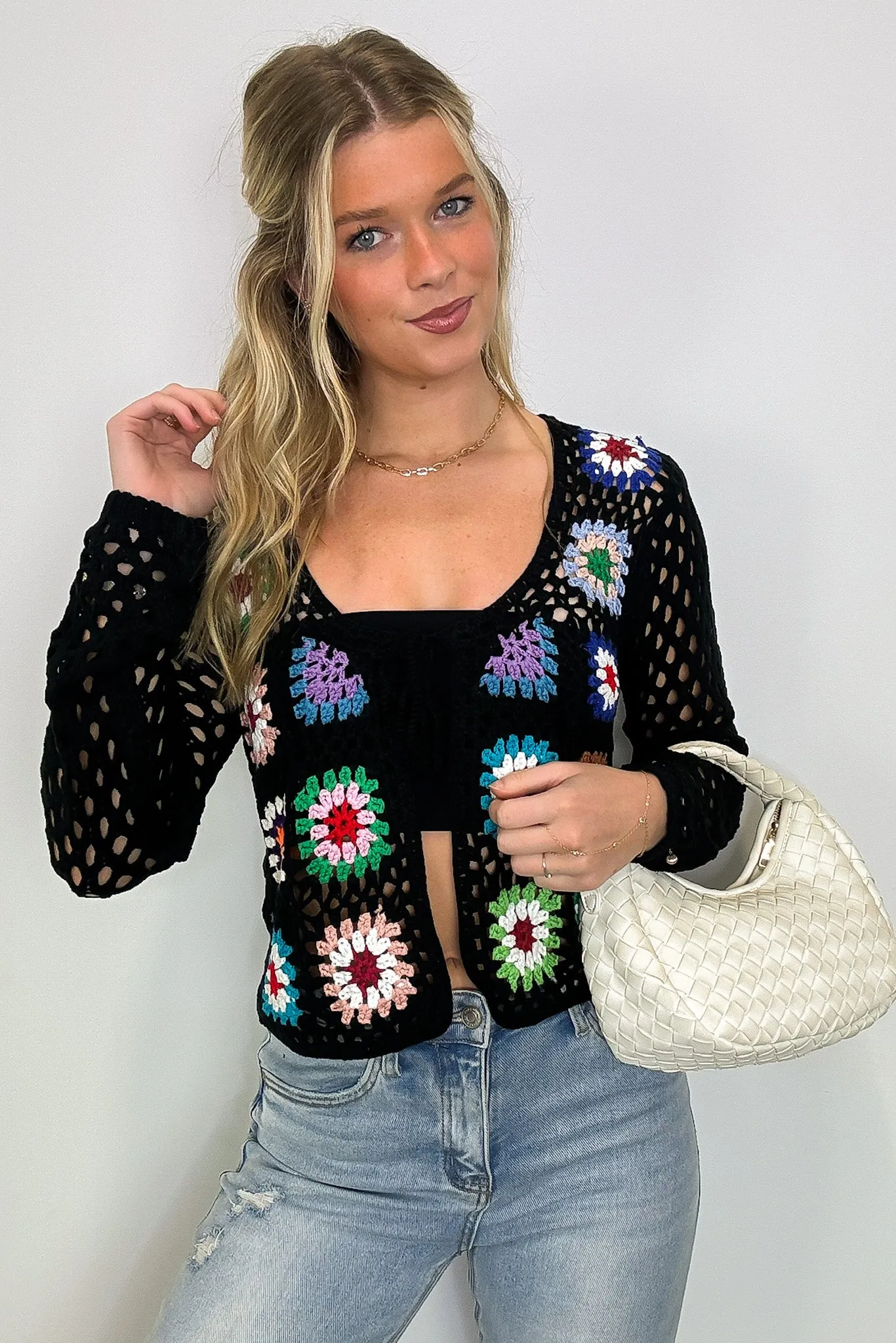 Boho Blossom Floral Crochet Tie Front Cardigan