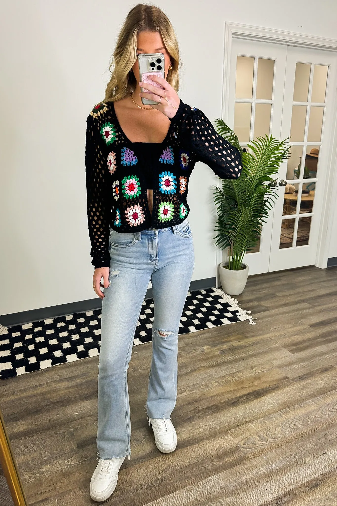 Boho Blossom Floral Crochet Tie Front Cardigan