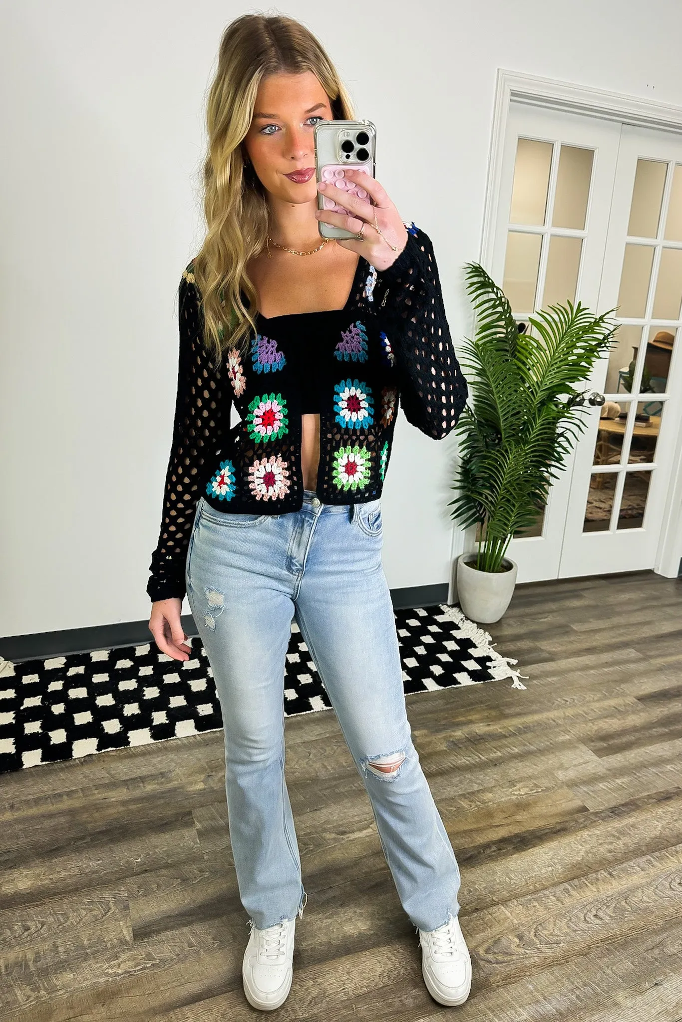 Boho Blossom Floral Crochet Tie Front Cardigan