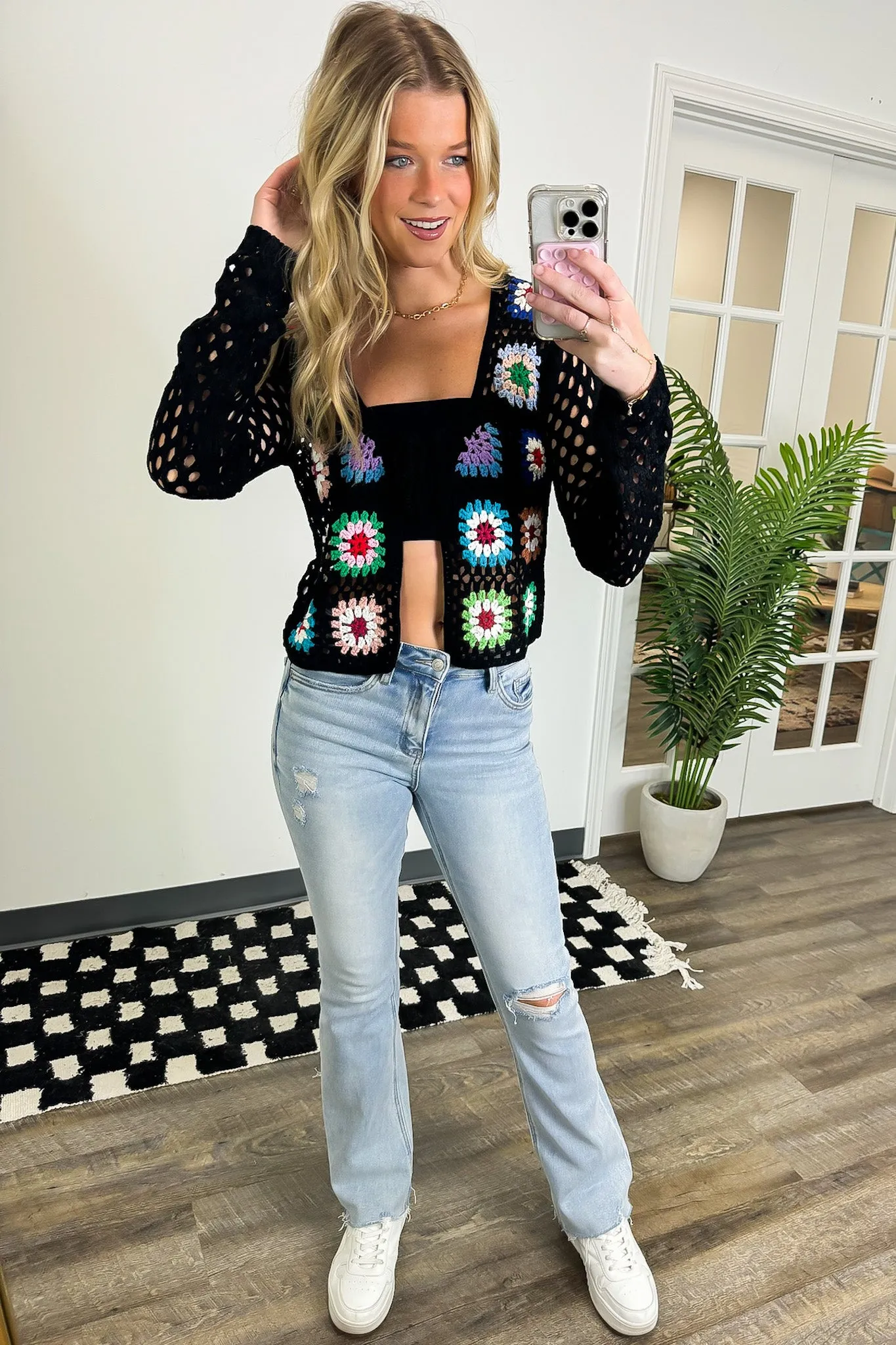 Boho Blossom Floral Crochet Tie Front Cardigan