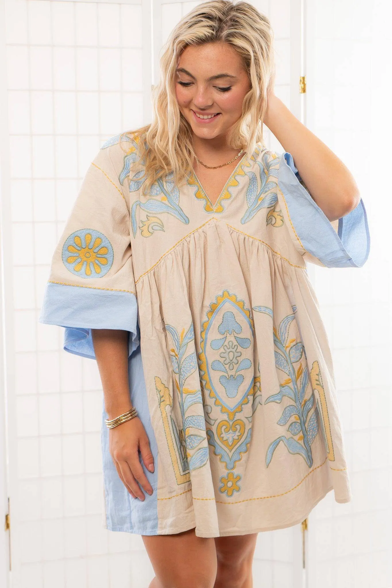 Boho Embroidered Blue Babydoll Dress
