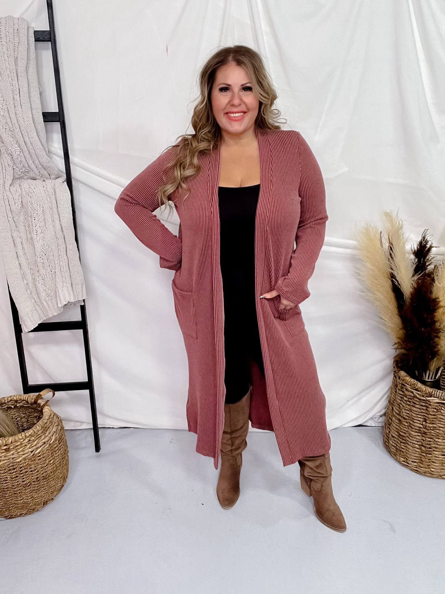 Brick Red Ribbed Long Sleeve Duster with Side Slits FINAL SALE