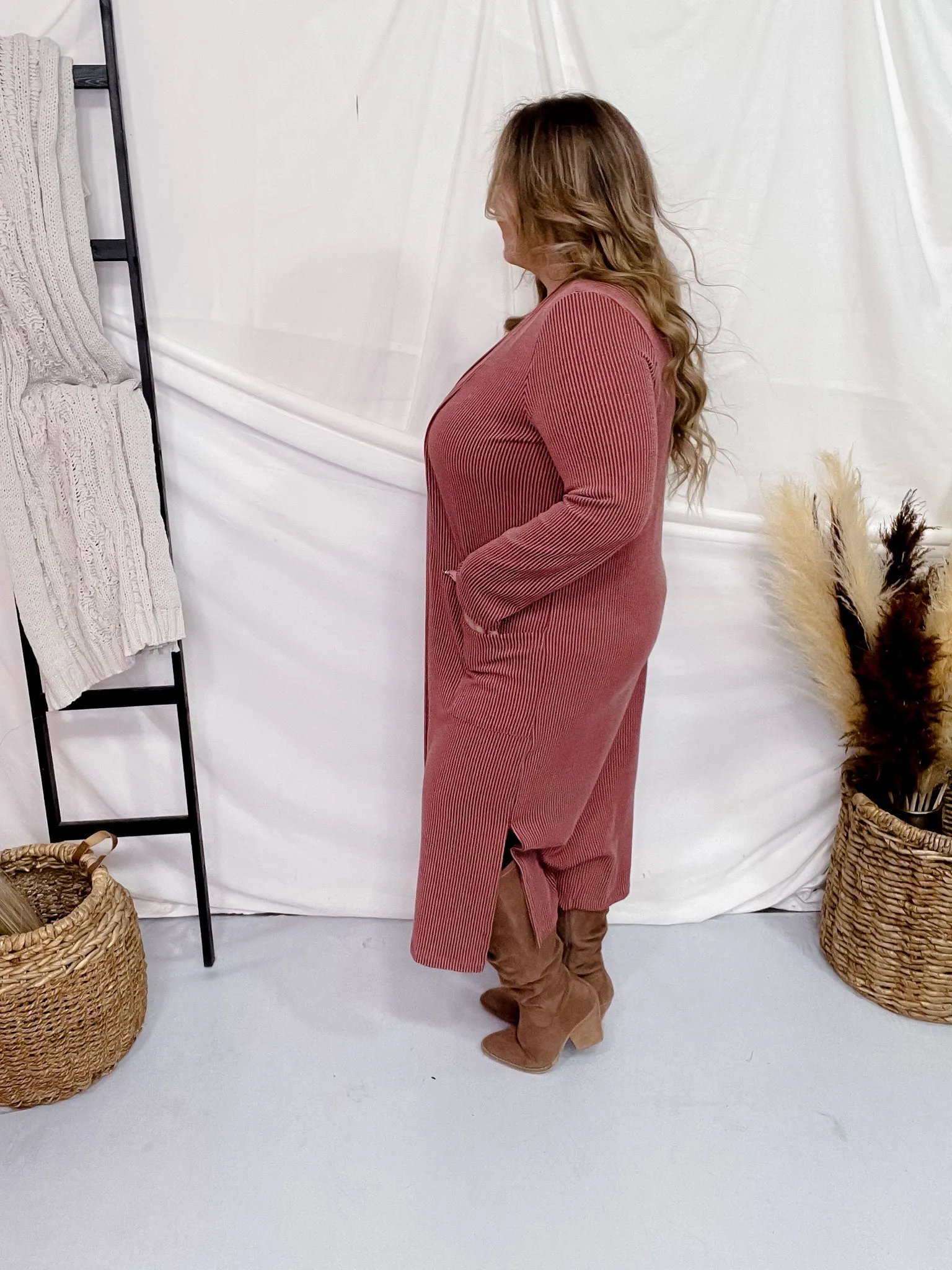 Brick Red Ribbed Long Sleeve Duster with Side Slits FINAL SALE