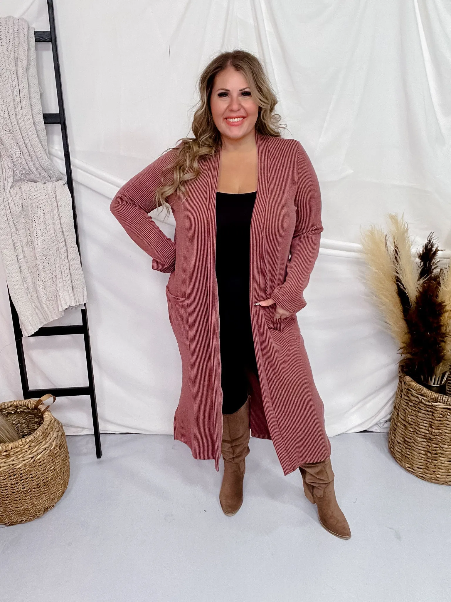 Brick Red Ribbed Long Sleeve Duster with Side Slits FINAL SALE