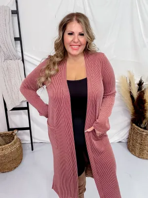 Brick Red Ribbed Long Sleeve Duster with Side Slits FINAL SALE