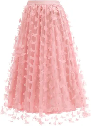 Butterfly Floral Embroidered Women's Skirts - Vintage Tulle Wedding & Prom A-Line Skirts with Elastic Waist Midi Skirt