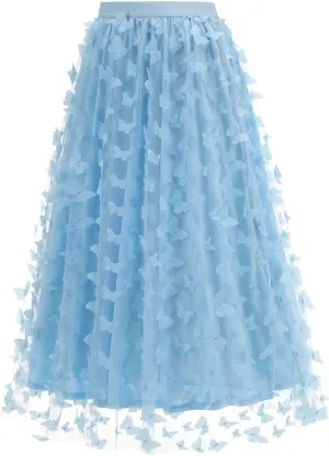 Butterfly Floral Embroidered Women's Skirts - Vintage Tulle Wedding & Prom A-Line Skirts with Elastic Waist Midi Skirt