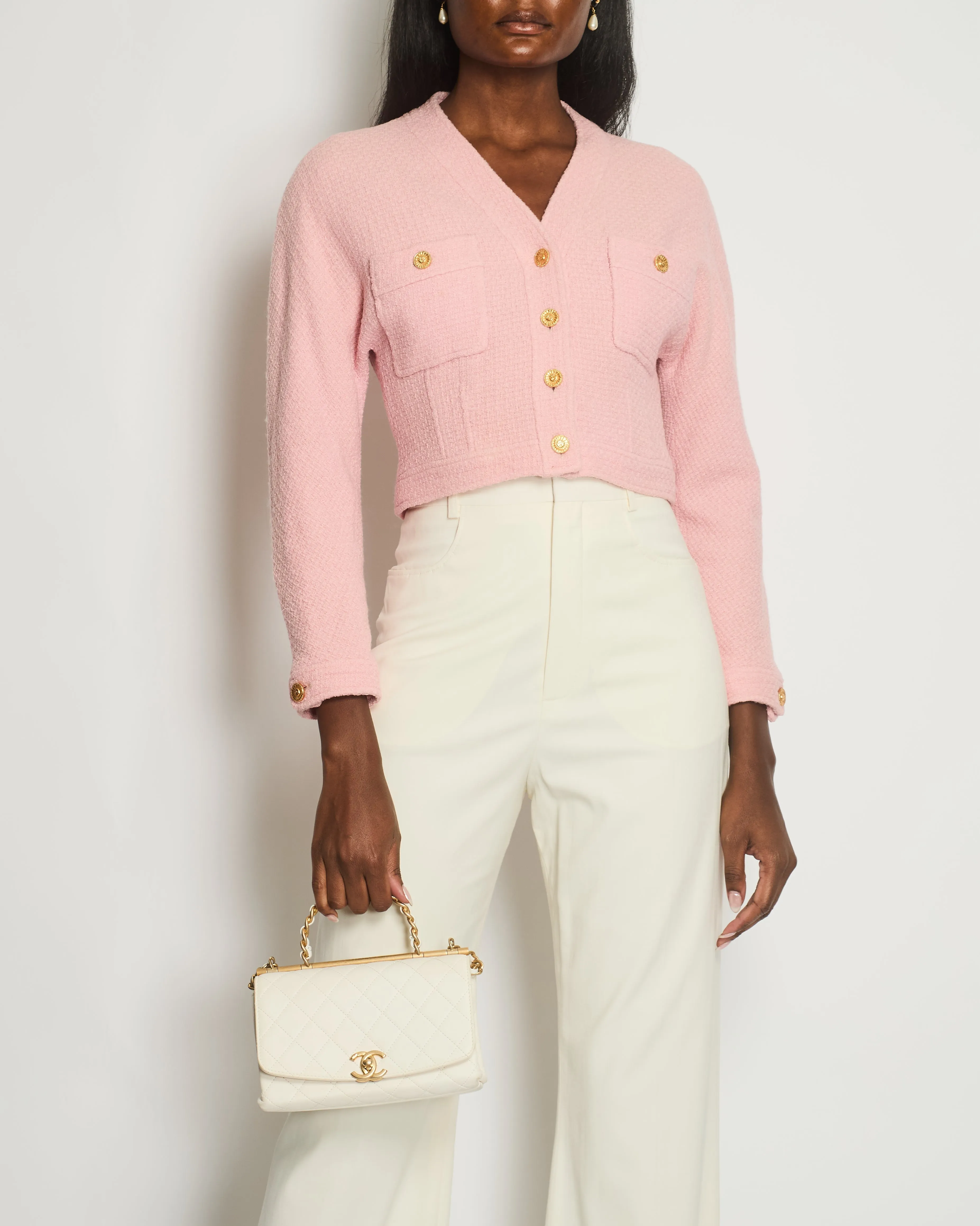 Chanel Vintage Pink Tweed Button Down Jacket Fr 40 (uk 12)