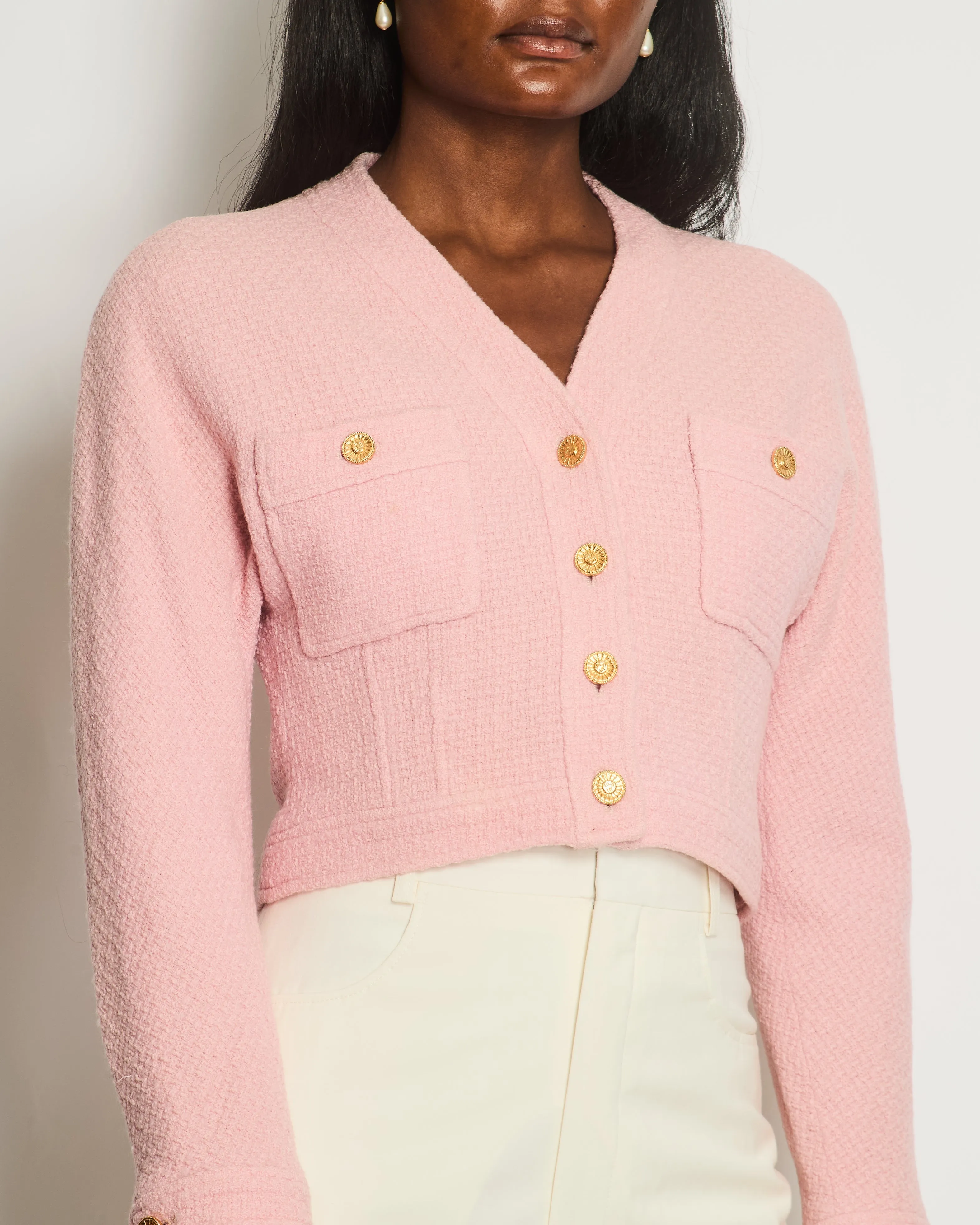 Chanel Vintage Pink Tweed Button Down Jacket Fr 40 (uk 12)
