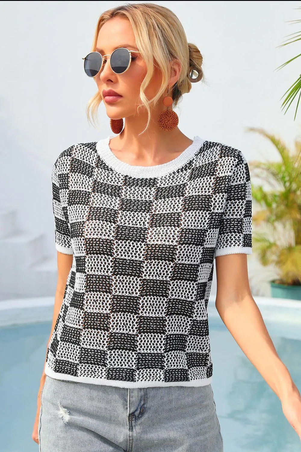 Cheer Up Checkered Knit T-Shirt