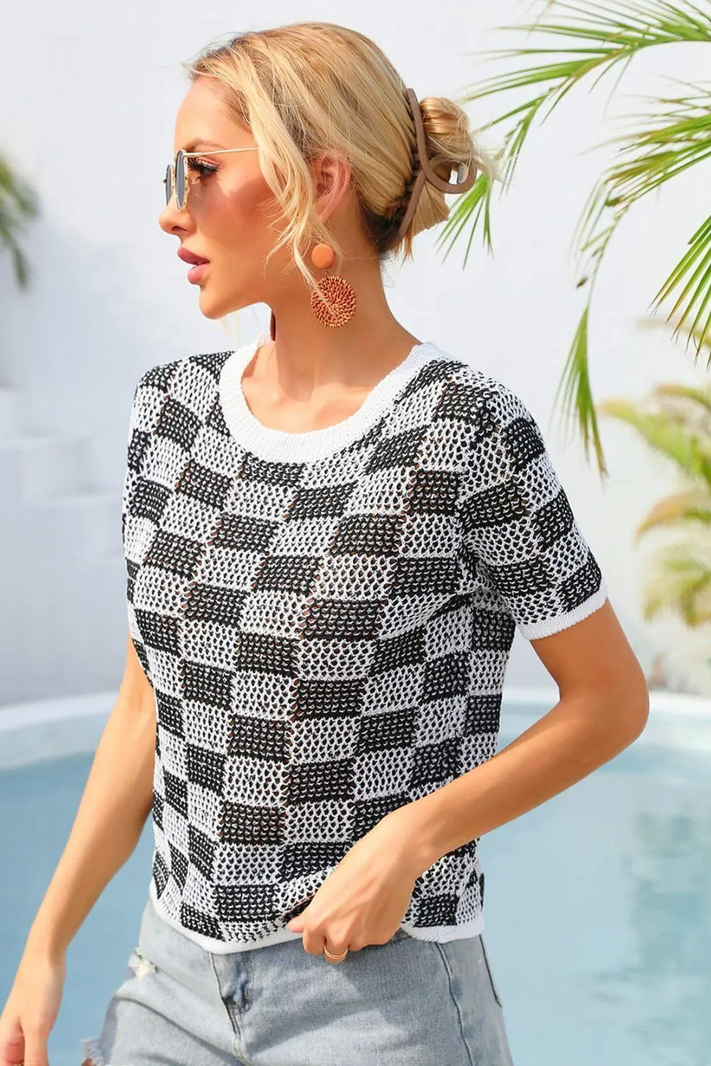 Cheer Up Checkered Knit T-Shirt