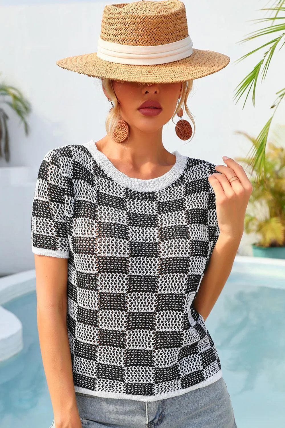 Cheer Up Checkered Knit T-Shirt