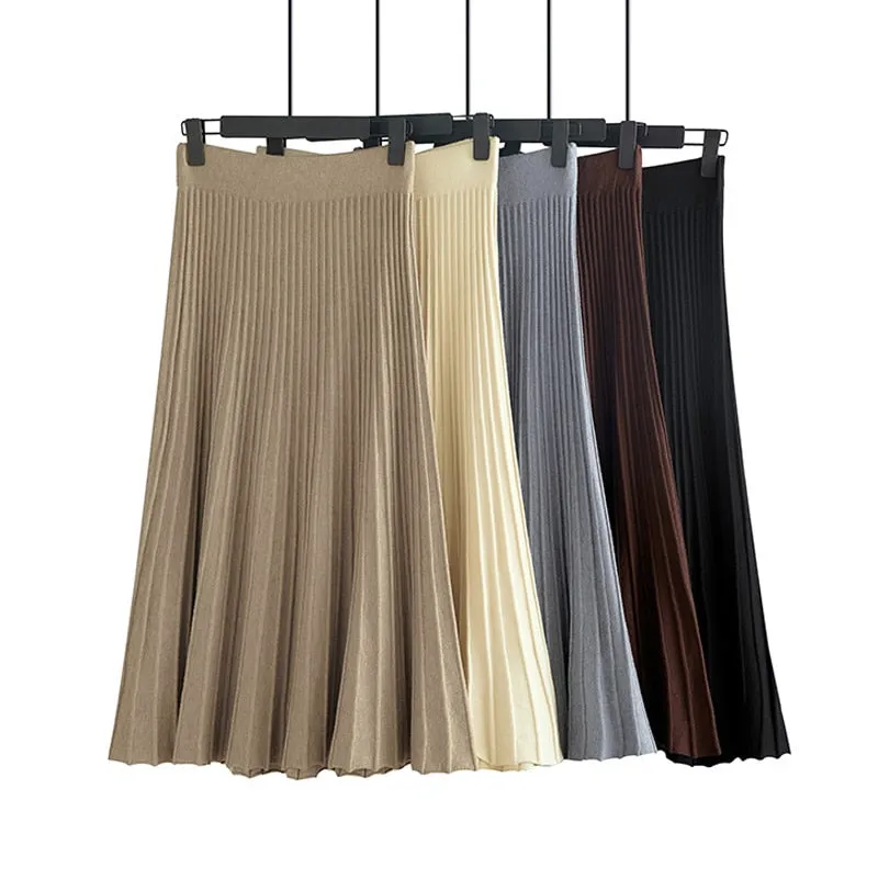Chic High Waist Pleated Midi Skirt with Vertical Stripes
