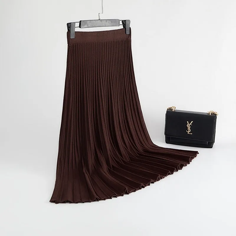 Chic High Waist Pleated Midi Skirt with Vertical Stripes