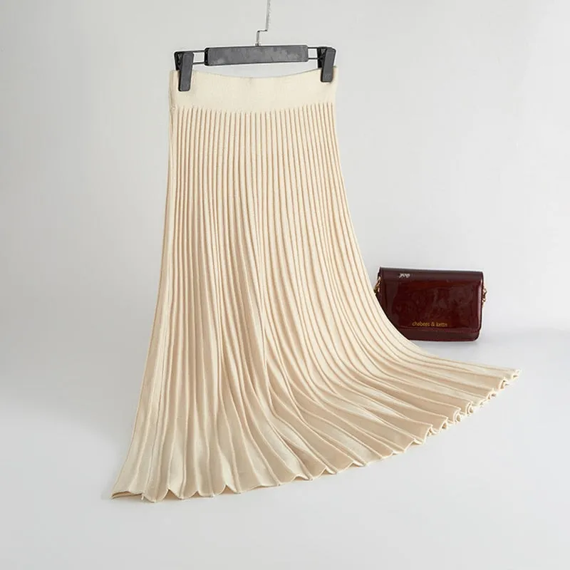 Chic High Waist Pleated Midi Skirt with Vertical Stripes
