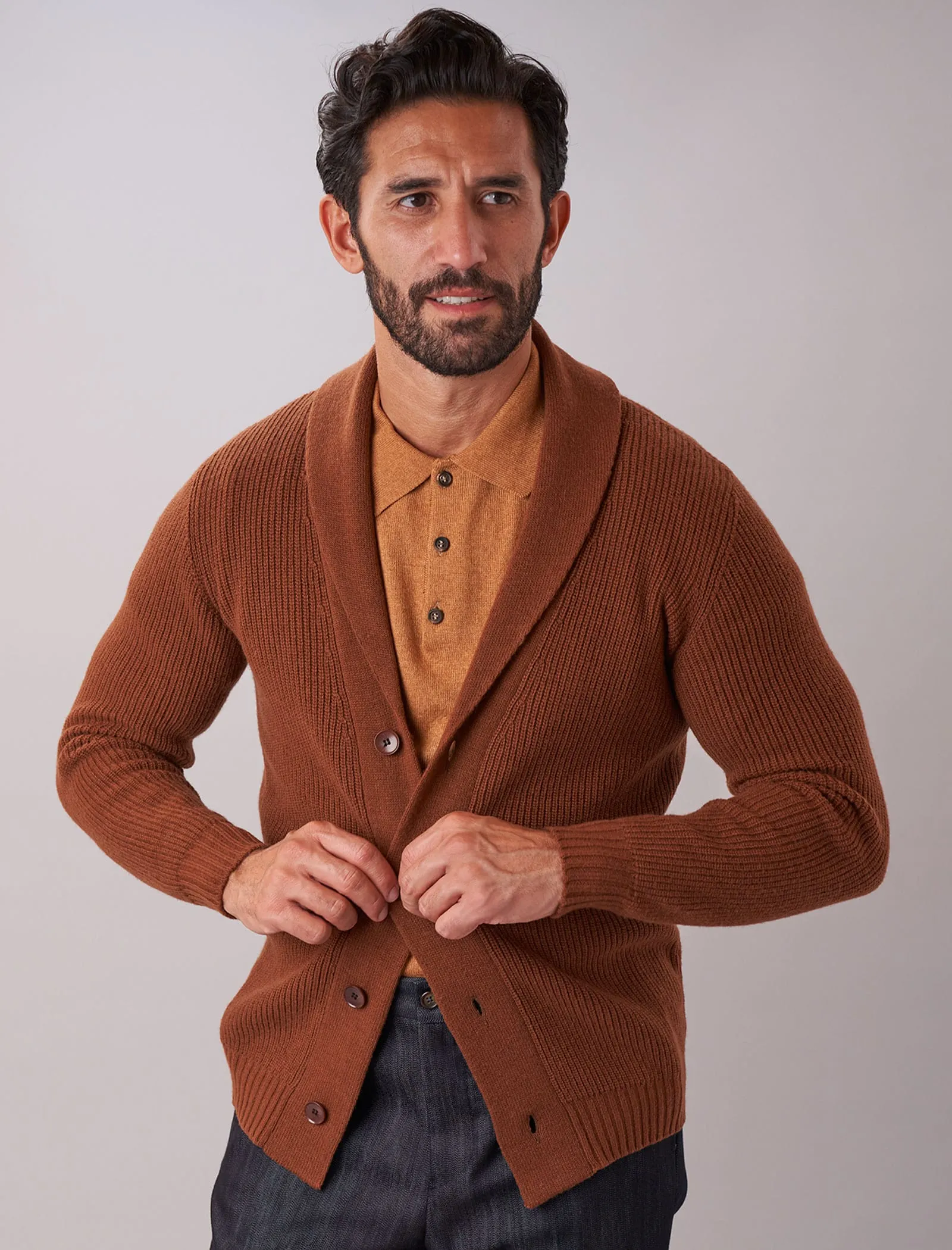 Chocolate Brown Ribbed Shawl Neck Wool & Cashmere Cardigan