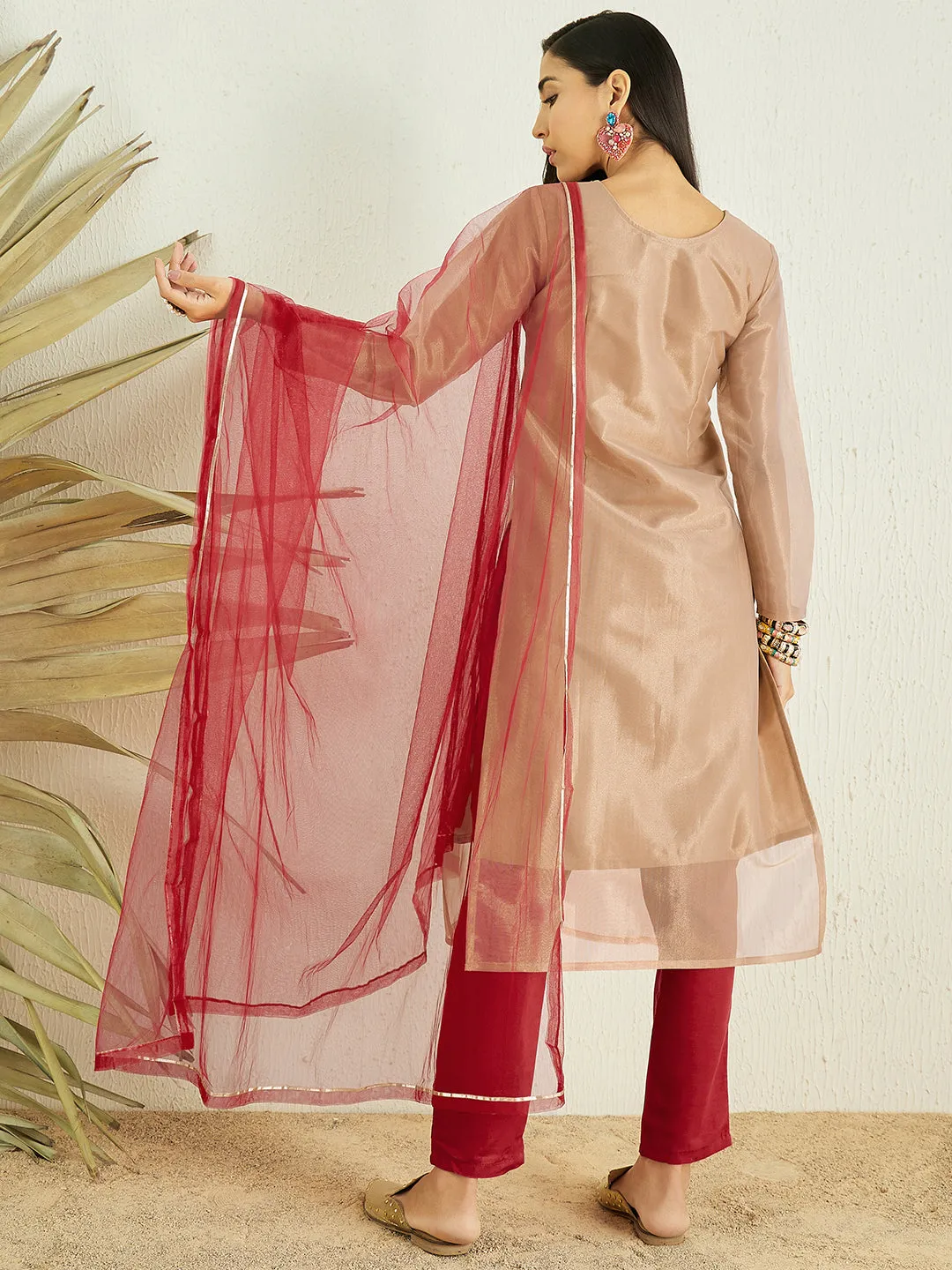 Cream Ethnic Motifs Yoke Design Sequined Kurta with Trousers & Dupatta
