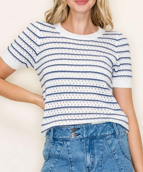 Crochet Stripe Sweater Top - Ivory/Navy