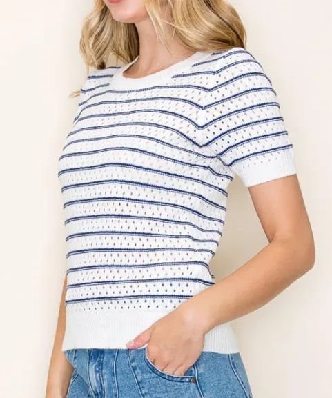 Crochet Stripe Sweater Top - Ivory/Navy