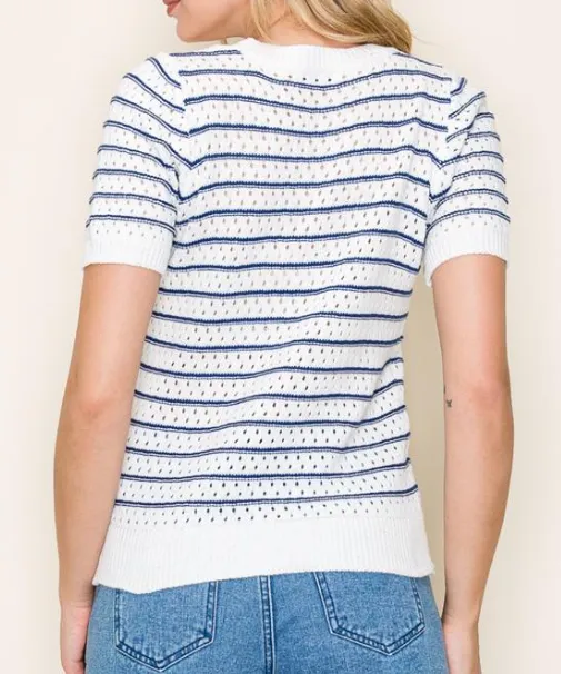 Crochet Stripe Sweater Top - Ivory/Navy