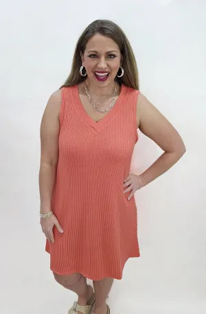 DEAR SCARLETT/ANDREE ULTRA SOFT RAISED RIBBED SLEEVELESS DRESS - SUMMER CORAL