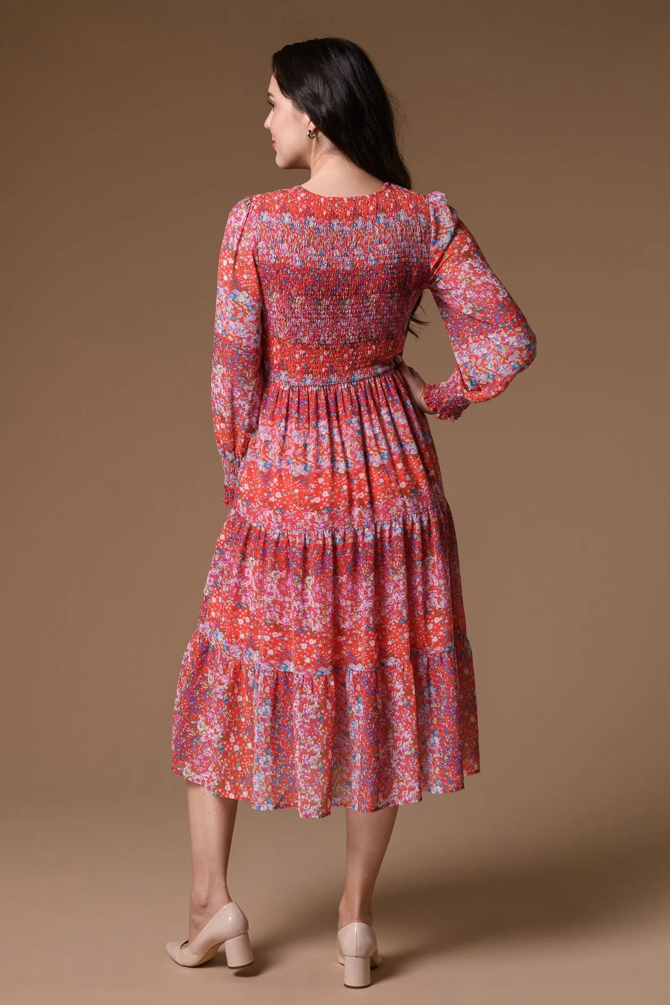 Elastic Detail Red Print Dress