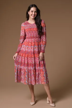 Elastic Detail Red Print Dress