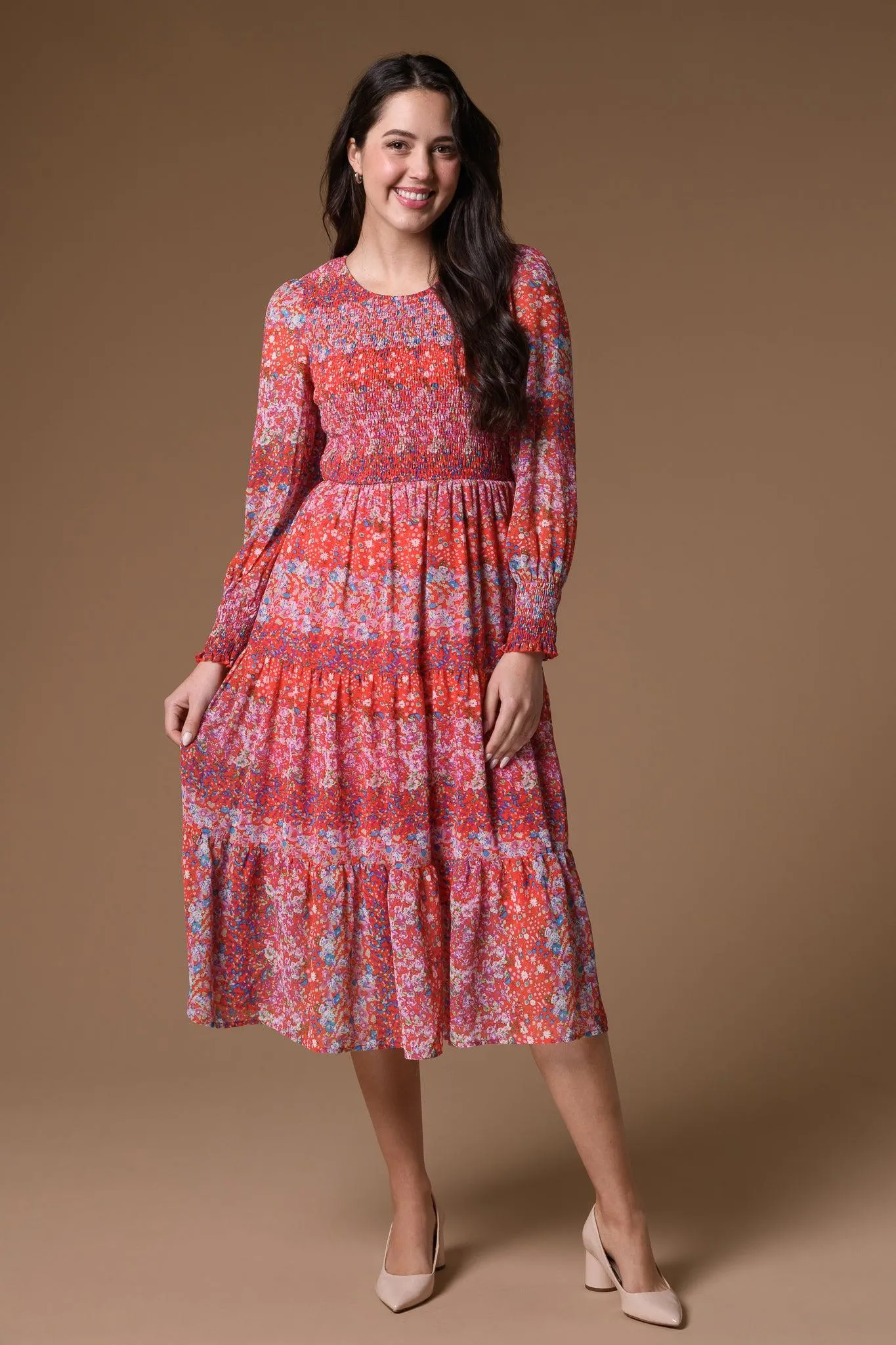 Elastic Detail Red Print Dress